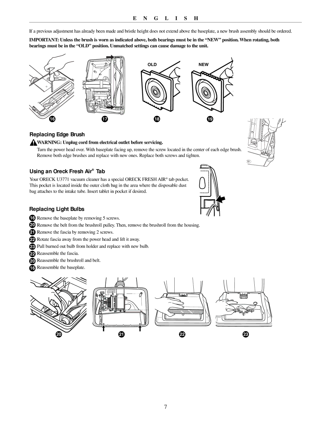 Oreck U3771 manual Replacing Edge Brush, Using an Oreck Fresh Air Tab, Replacing Light Bulbs 