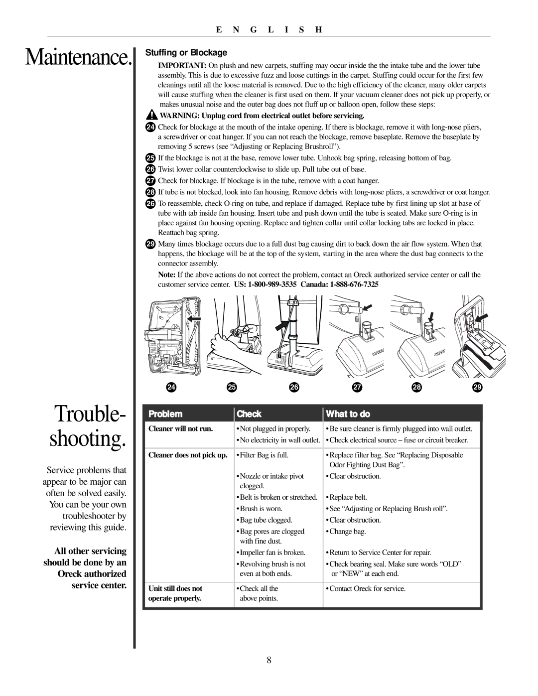 Oreck U3771 manual Stuffing or Blockage, Problem Check What to do 