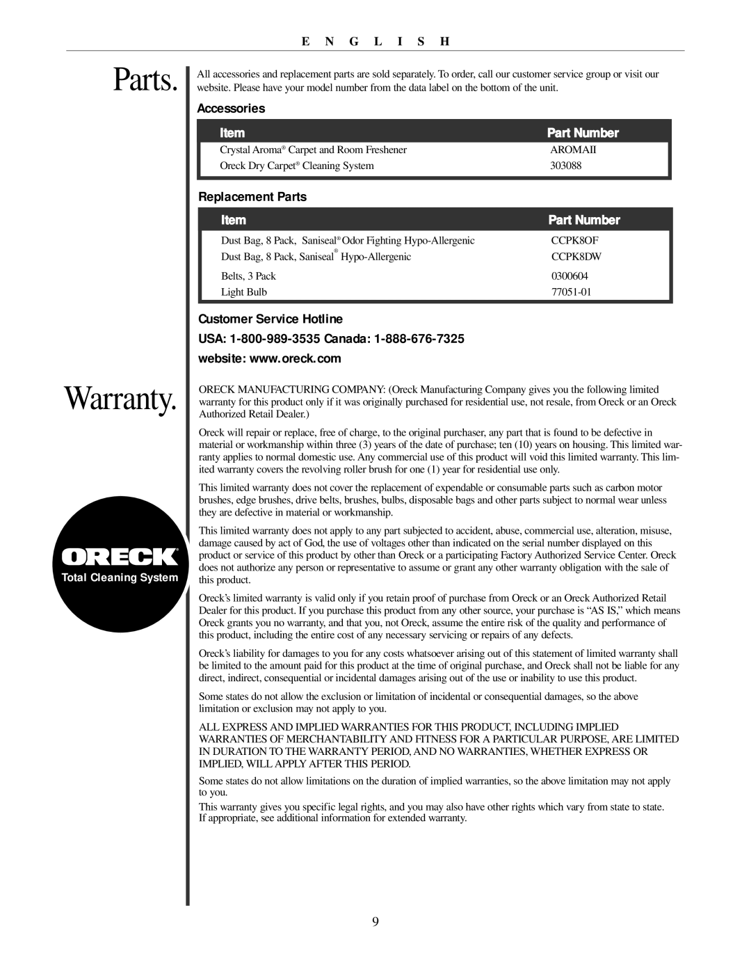 Oreck U3771 manual Parts Warranty, Accessories, Part Number, Replacement Parts, Customer Service Hotline 