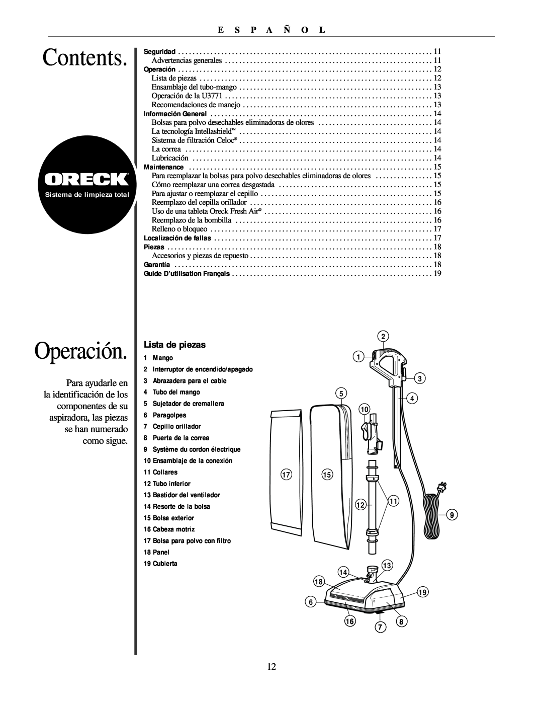 Oreck U3771 manual Operación, Lista de piezas, Contents, E S P A Ñ O L 