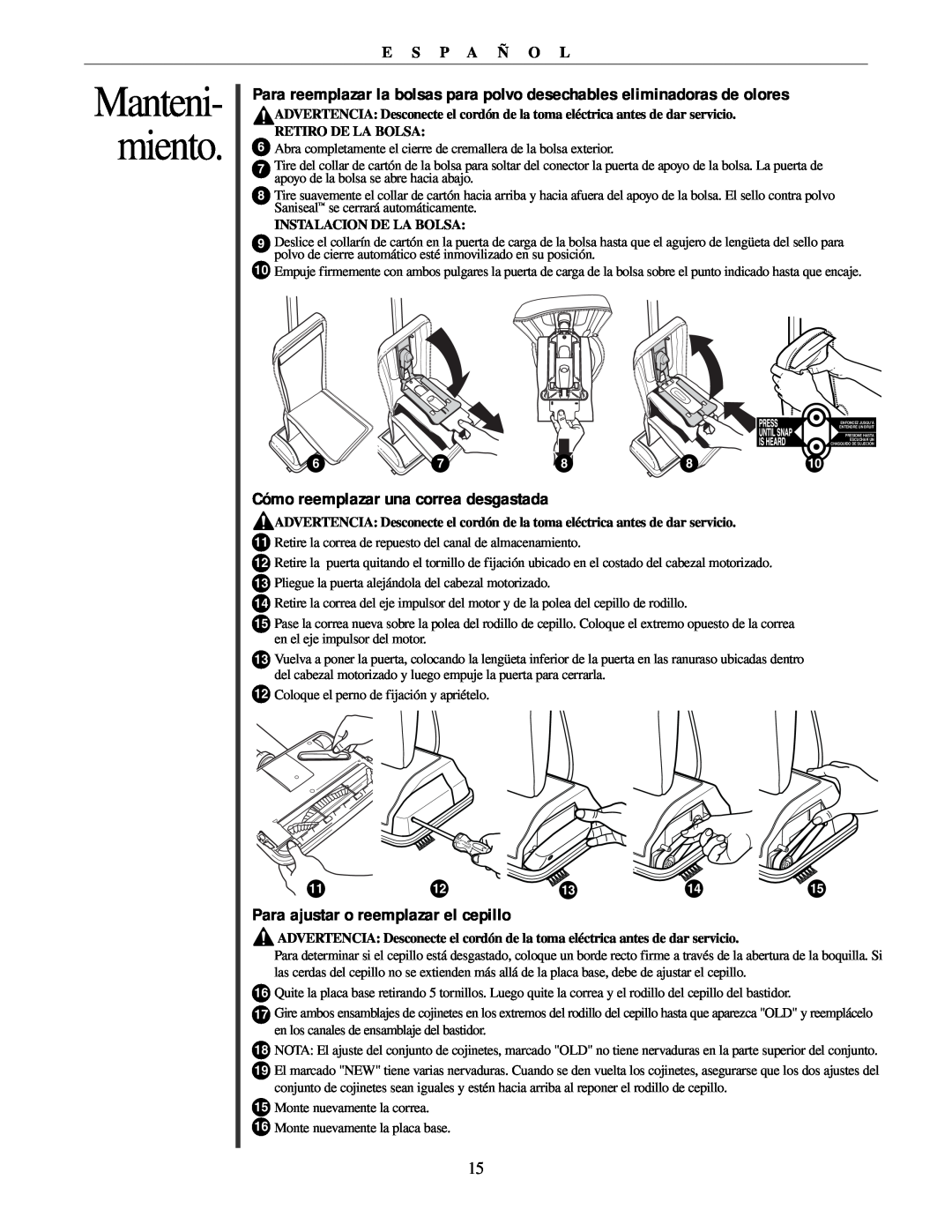 Oreck U3771 manual Cómo reemplazar una correa desgastada, Para ajustar o reemplazar el cepillo, miento, Manteni 