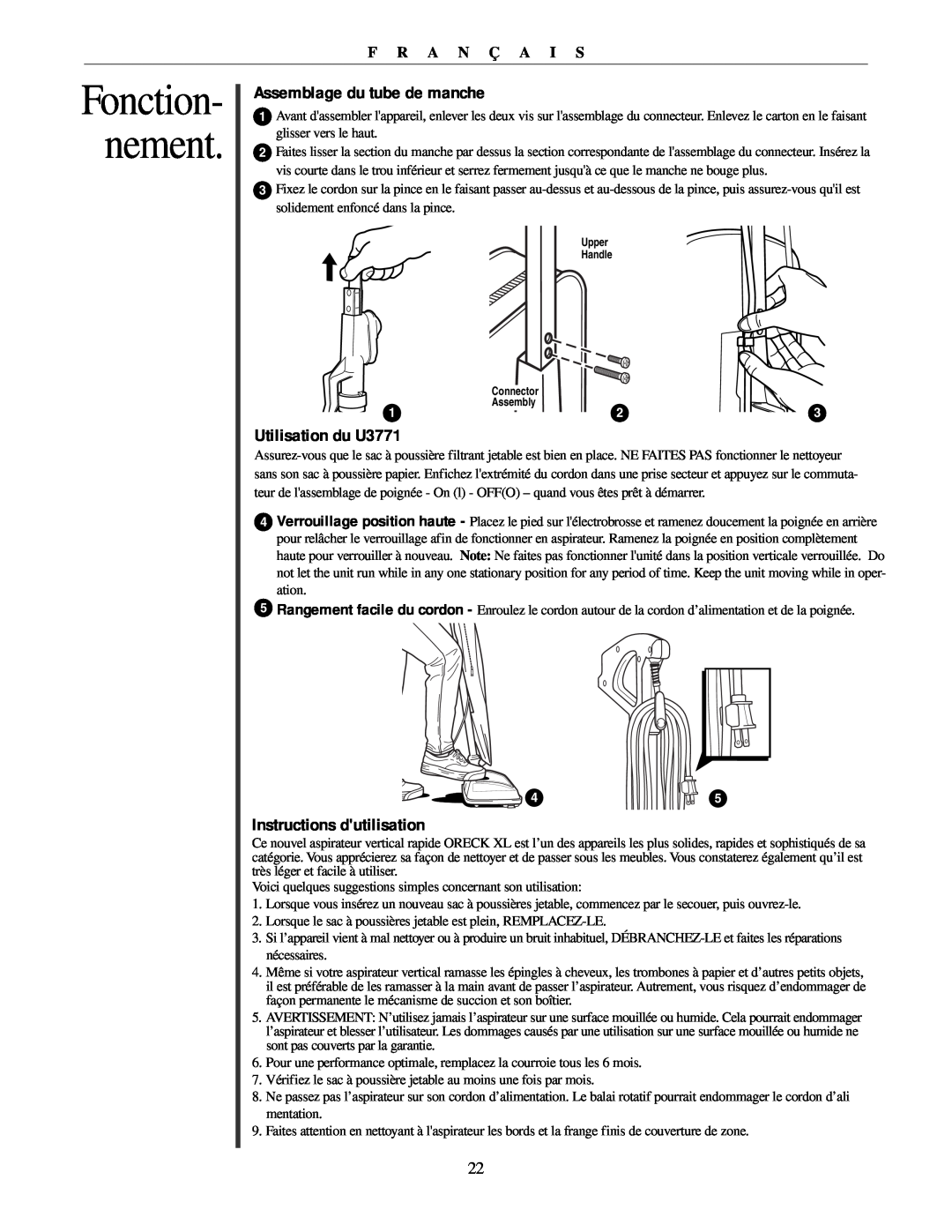 Oreck Assemblage du tube de manche, Utilisation du U3771, Instructions dutilisation, Fonction- nement, F R A N Ç A I S 