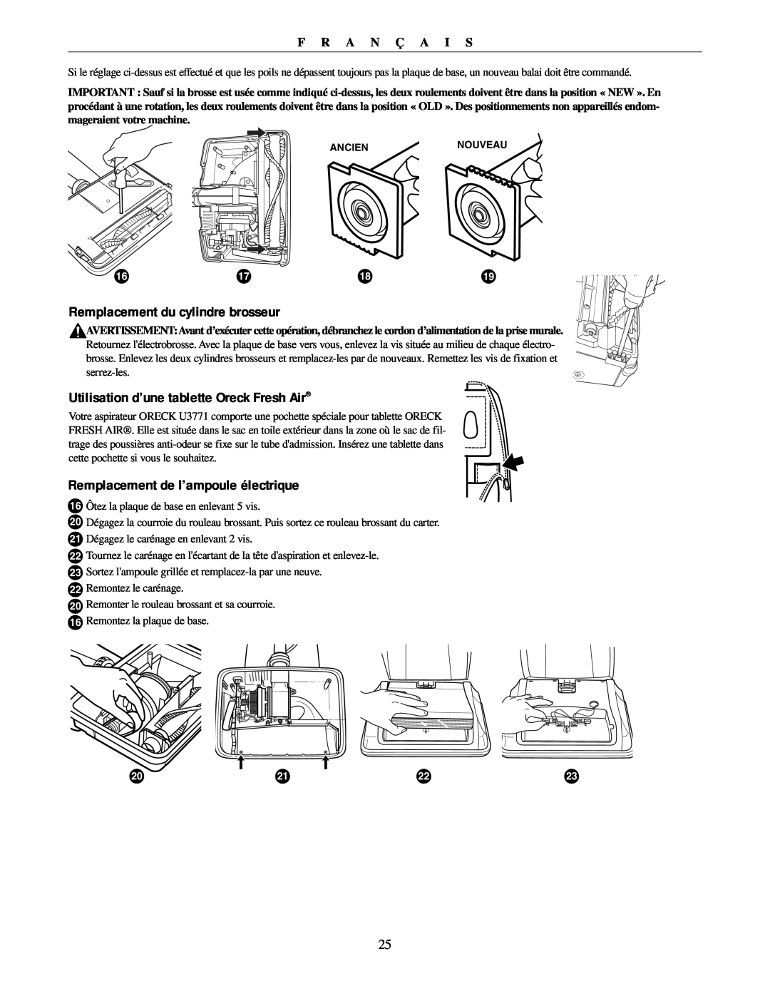 Oreck U3771 manual Remplacement du cylindre brosseur, Utilisation d’une tablette Oreck Fresh Air, F R A N Ç A I S 
