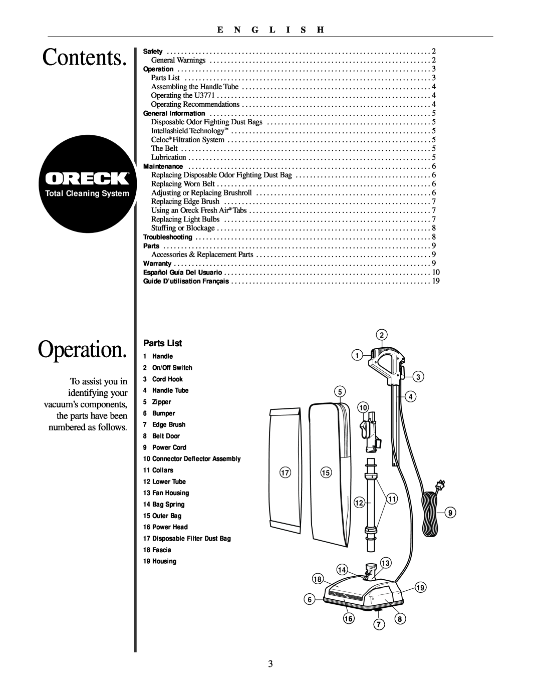 Oreck U3771 manual Contents, Operation, Parts List, Total Cleaning System, E N G L I S H 