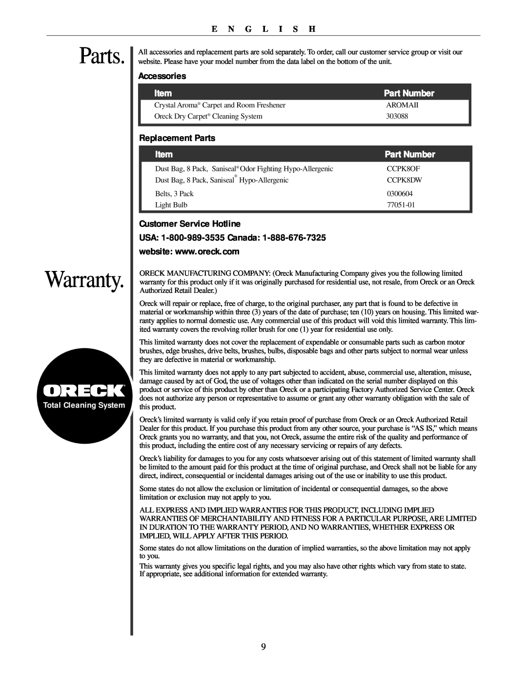 Oreck U3771 manual Parts Warranty, Accessories, Part Number, Replacement Parts, Customer Service Hotline, E N G L I S H 