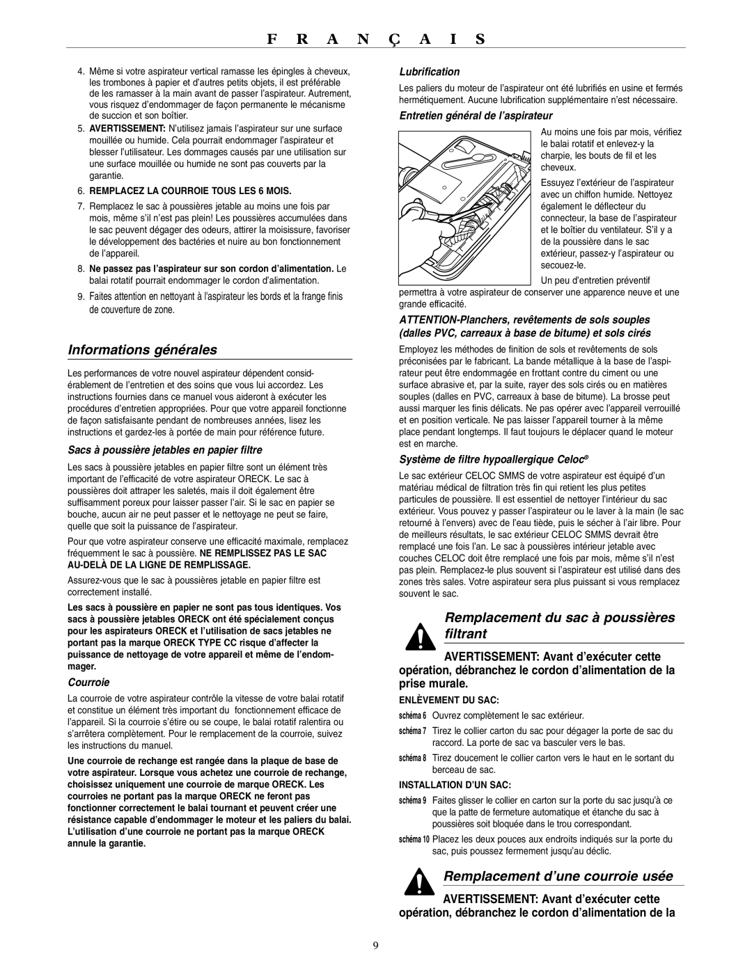 Oreck U3980H2, U3990H2 Informations générales, Remplacement du sac à poussières filtrant, Remplacement d’une courroie usée 