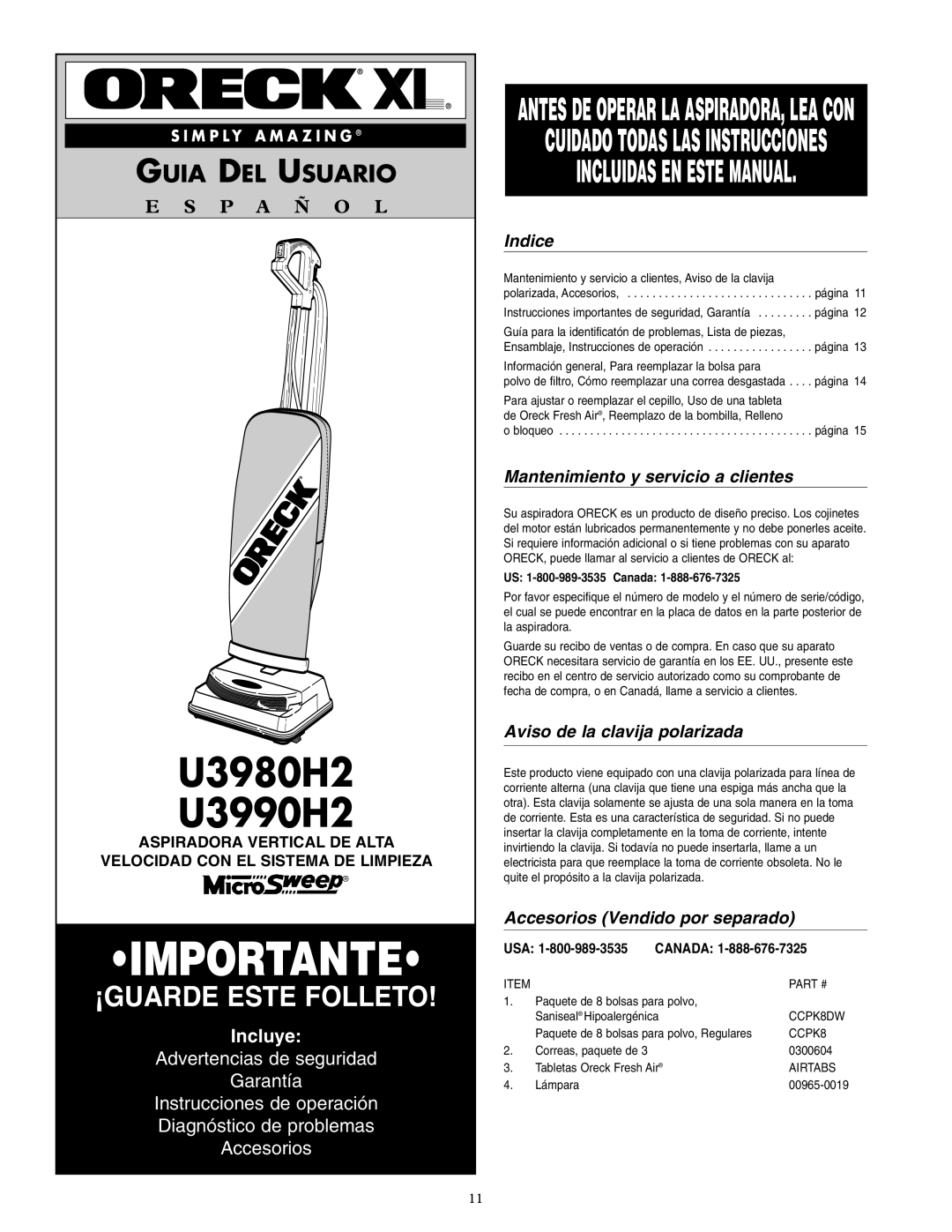 Oreck U3980H2 Indice, Mantenimiento y servicio a clientes, Aviso de la clavija polarizada, Accesorios Vendido por separado 