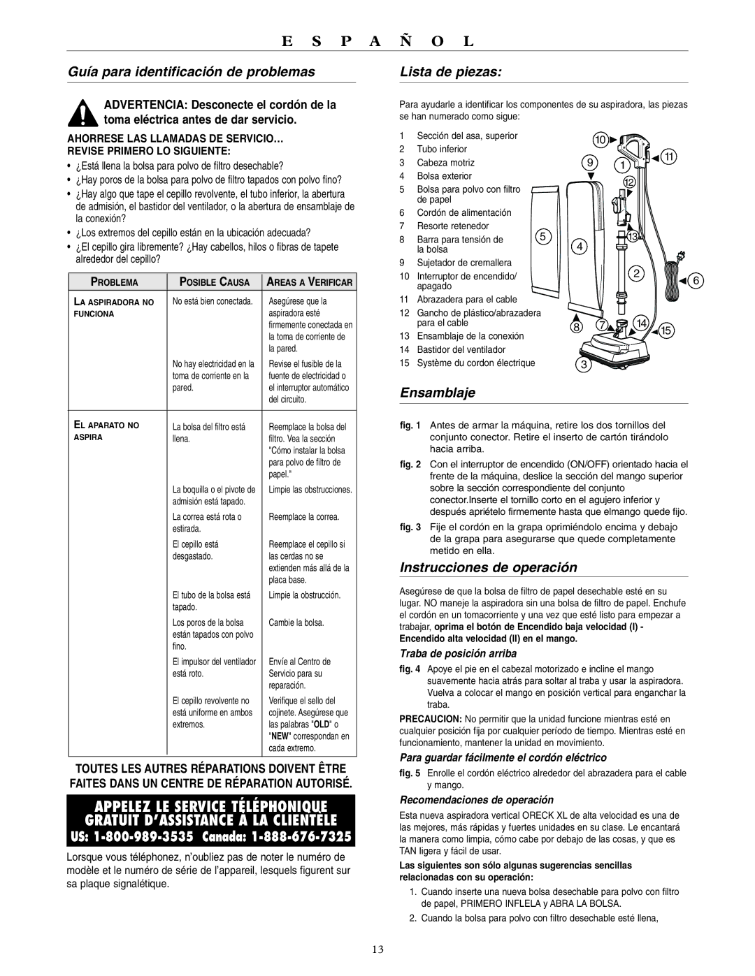 Oreck U3980H2, U3990H2 Guía para identificación de problemas, Lista de piezas, Ensamblaje, Instrucciones de operación 