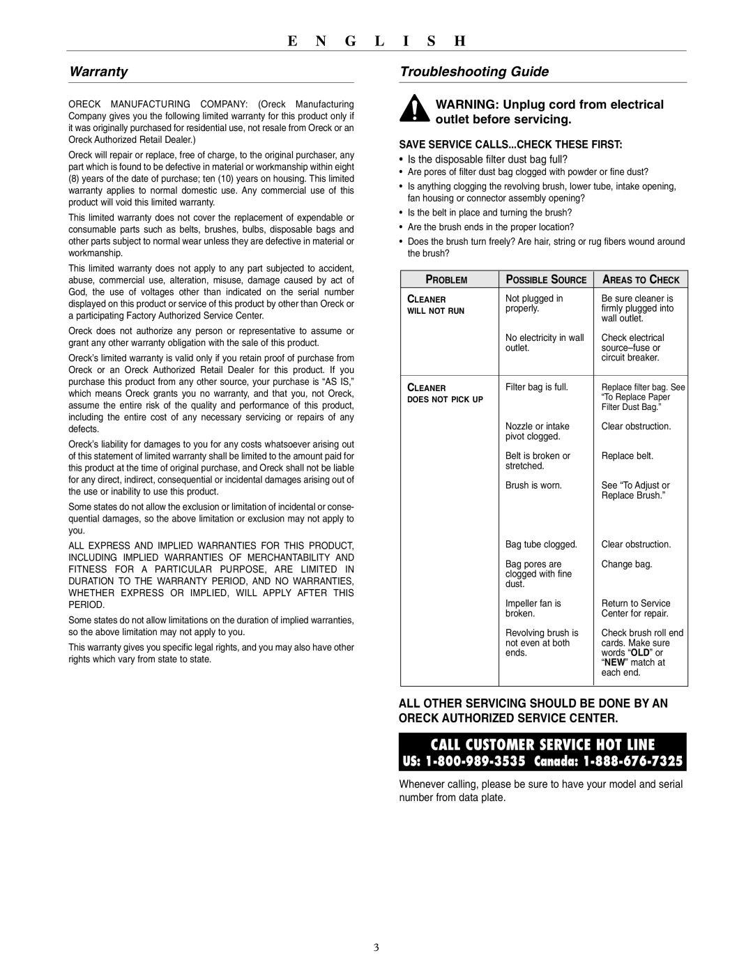 Oreck U3980H2, U3990H2 warranty Warranty, Troubleshooting Guide 