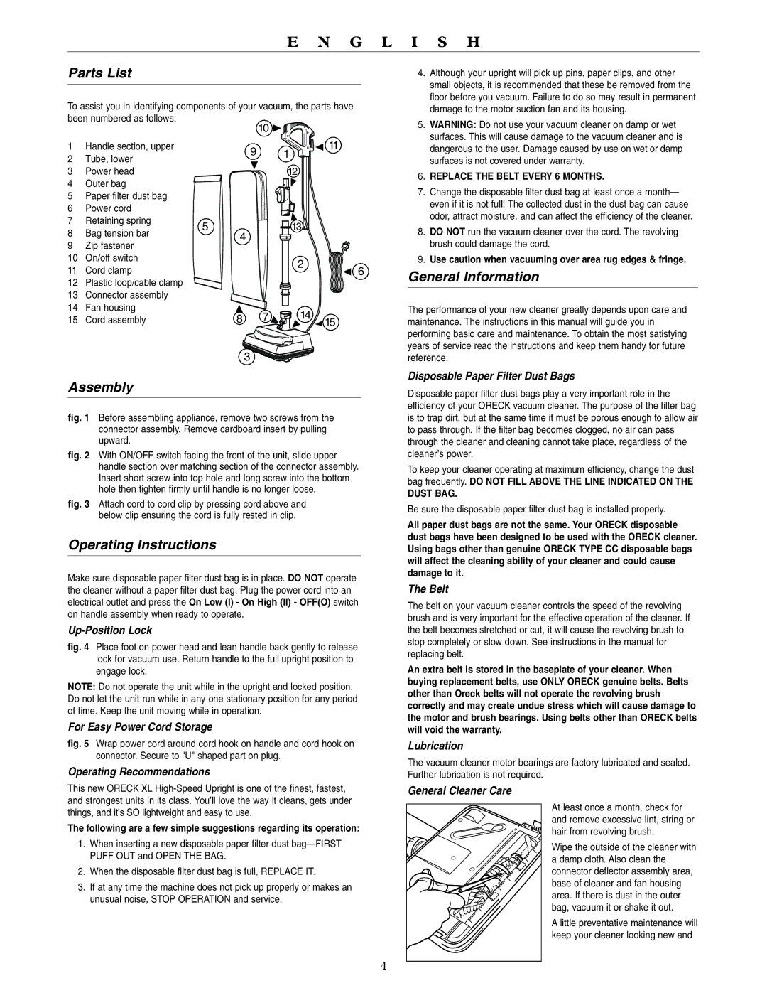 Oreck U3990H2, U3980H2 warranty Parts List, Assembly, Operating Instructions, General Information 