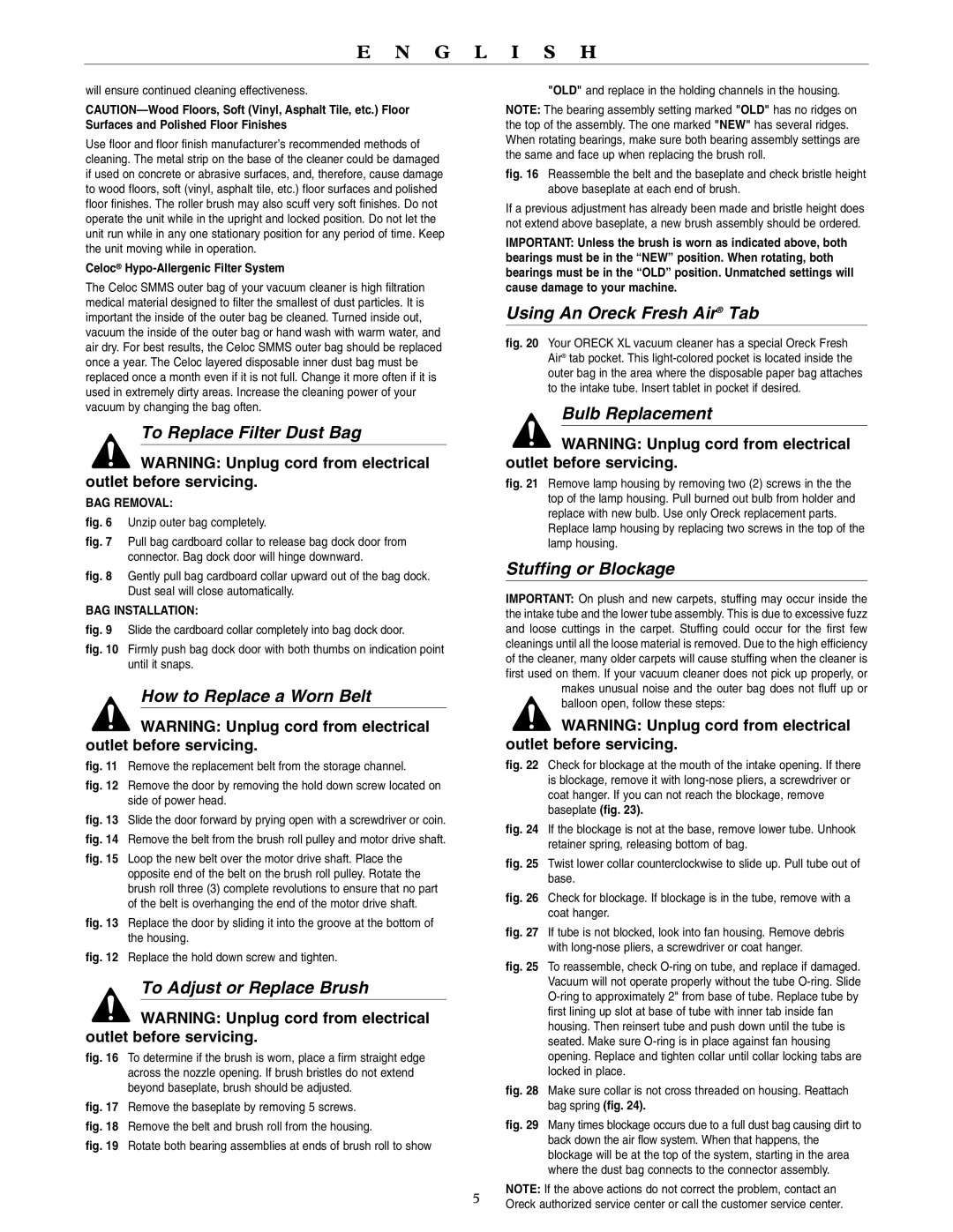 Oreck U3980H2 warranty To Replace Filter Dust Bag, How to Replace a Worn Belt, To Adjust or Replace Brush, Bulb Replacement 