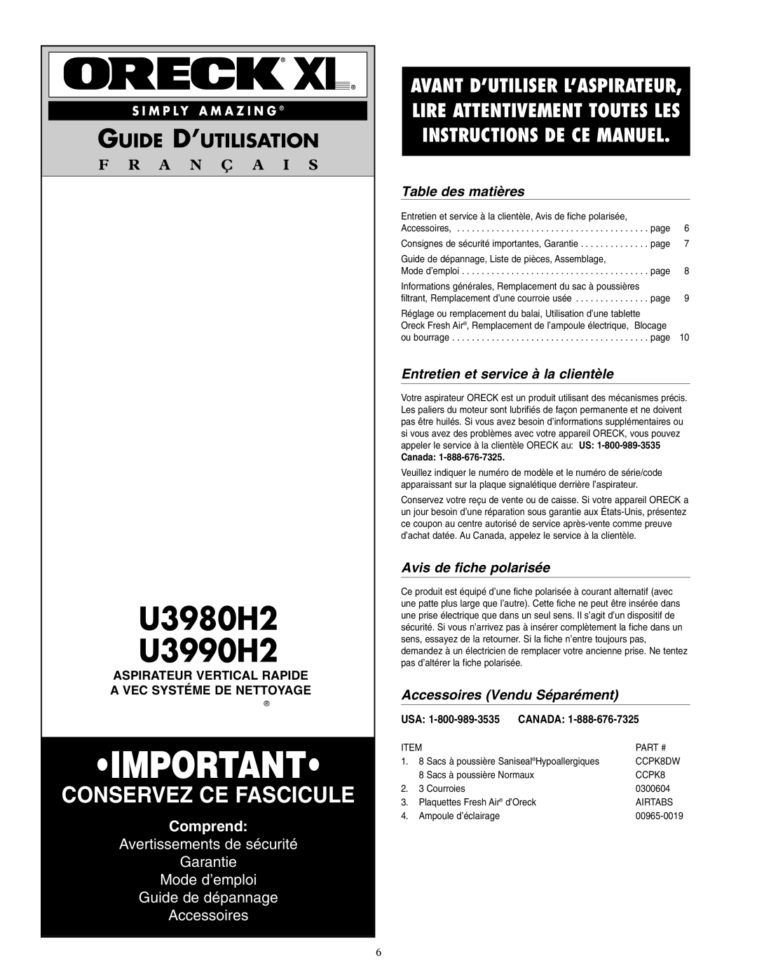 Oreck U3990H2, U3980H2 warranty Table des matières, Entretien et service à la clientèle, Avis de fiche polarisée, Canada 