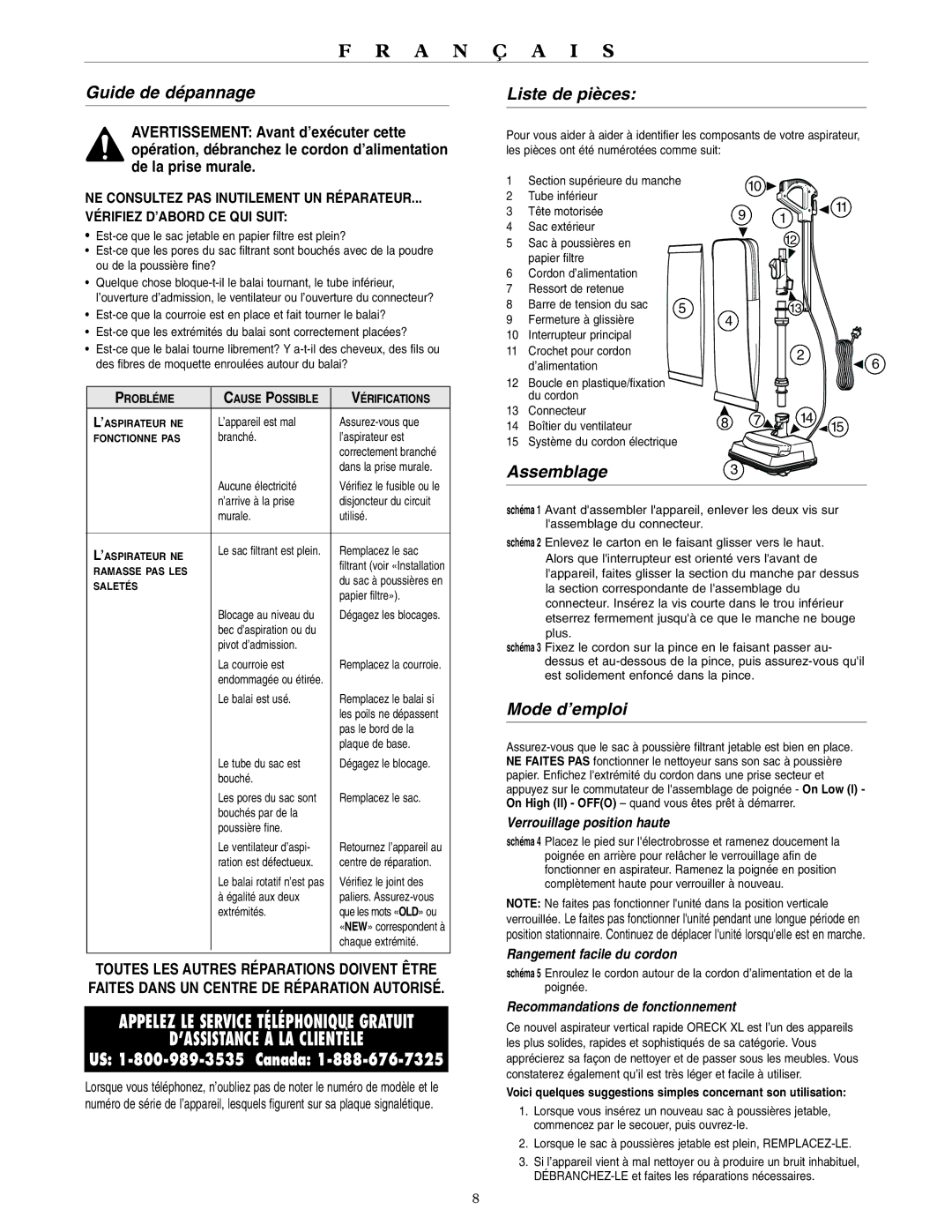 Oreck U3990H2, U3980H2 warranty Guide de dépannage, Liste de pièces, Assemblage, Mode d’emploi 