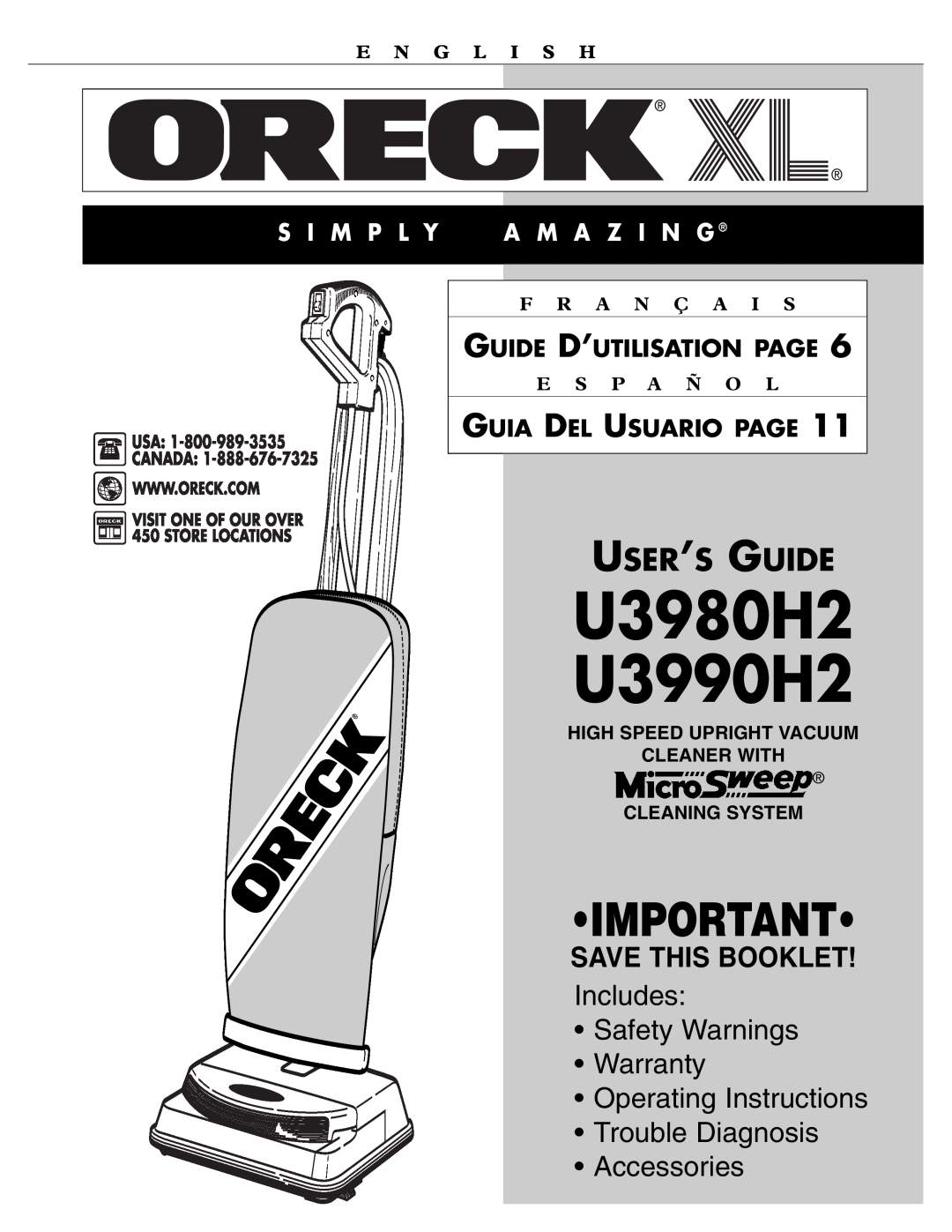 Oreck U3990H2, U3980H2 warranty Guide D’Utilisation Page, Guia Del Usuario Page, E N G L I S H, F R A N Ç A, E S P A Ñ O 