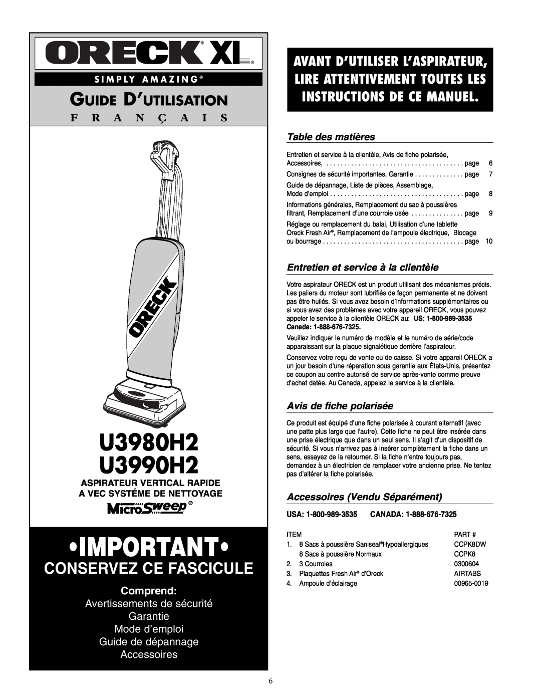 Oreck warranty U3980H2 U3990H2, Guide D’Utilisation, F R A N Ç A I S, Comprend, Guide de dépannage Accessoires, Canada 