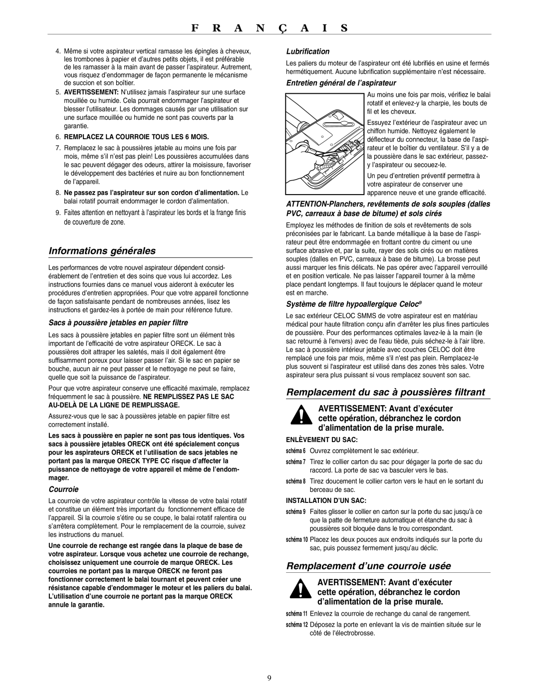 Oreck U4080H2 warranty Informations générales, Remplacement du sac à poussières filtrant, Remplacement d’une courroie usée 