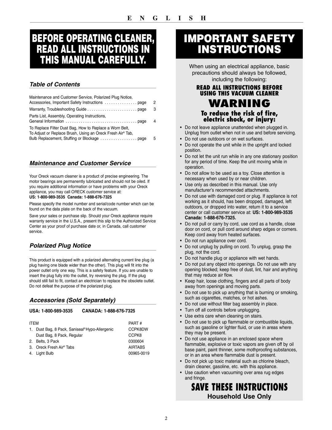 Oreck U4080H2 Table of Contents, Maintenance and Customer Service, Polarized Plug Notice, Accessories Sold Separately 