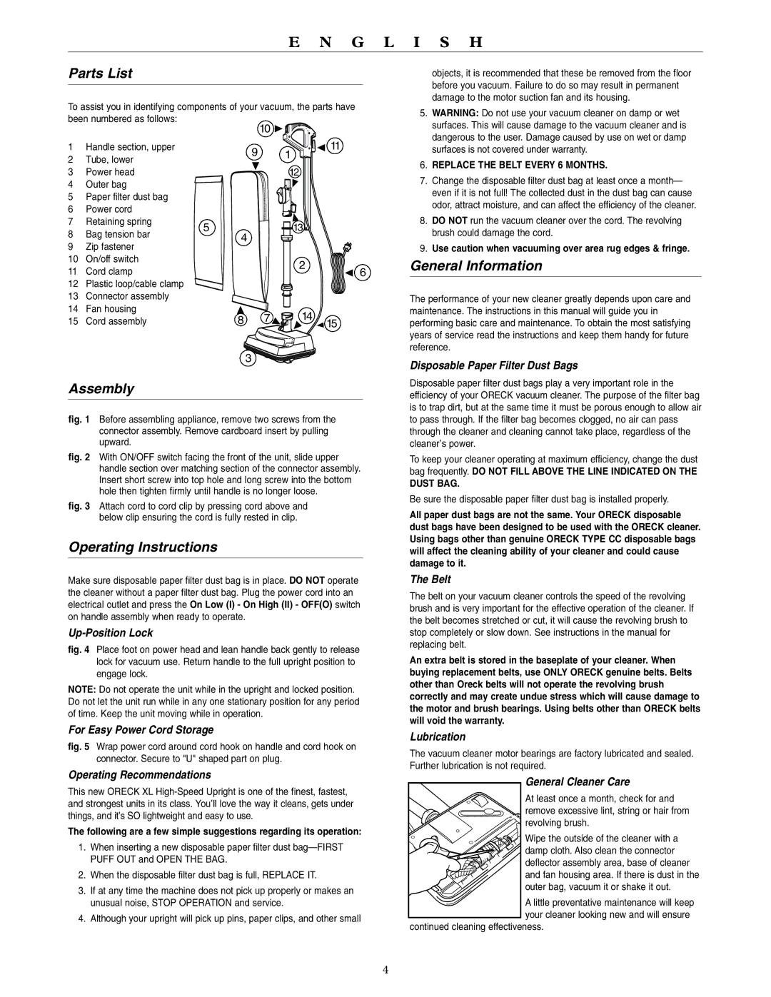 Oreck U4080H2 warranty Parts List, Assembly, Operating Instructions, General Information 