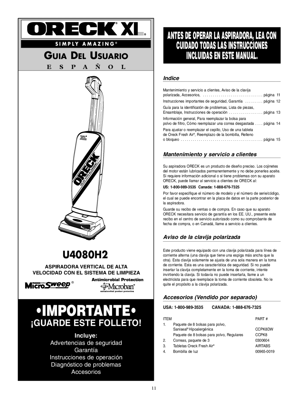 Oreck U4080H2 Indice, Mantenimiento y servicio a clientes, Aviso de la clavija polarizada, Accesorios Vendido por separado 