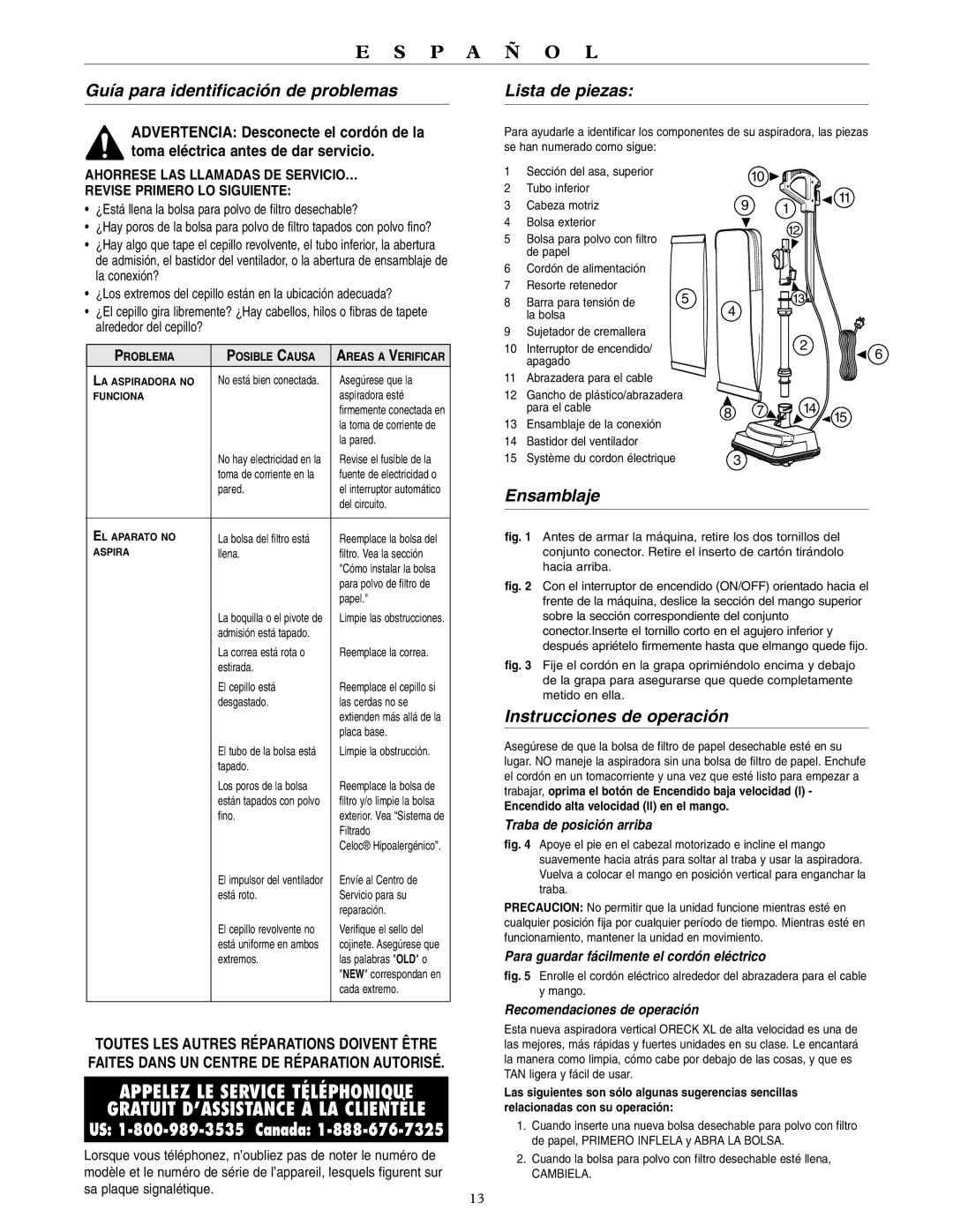 Oreck U4080H2 warranty Guía para identificación de problemas, Lista de piezas, Ensamblaje, Instrucciones de operación 