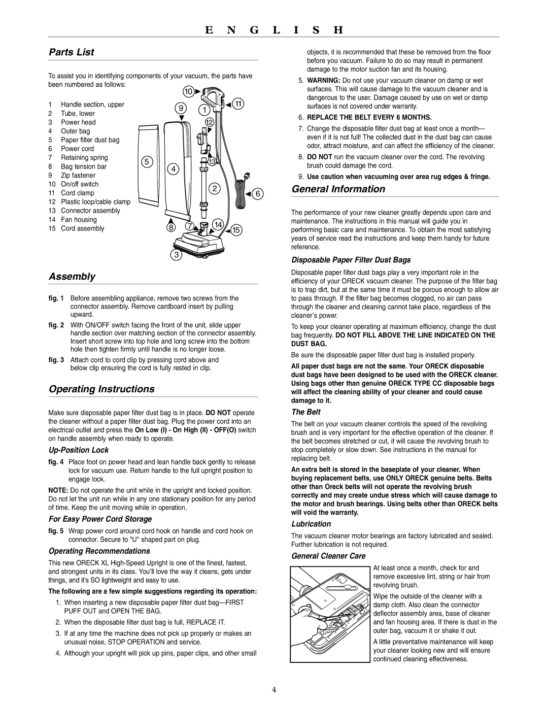 Oreck U4080H2 warranty Parts List, Assembly, Operating Instructions, General Information 