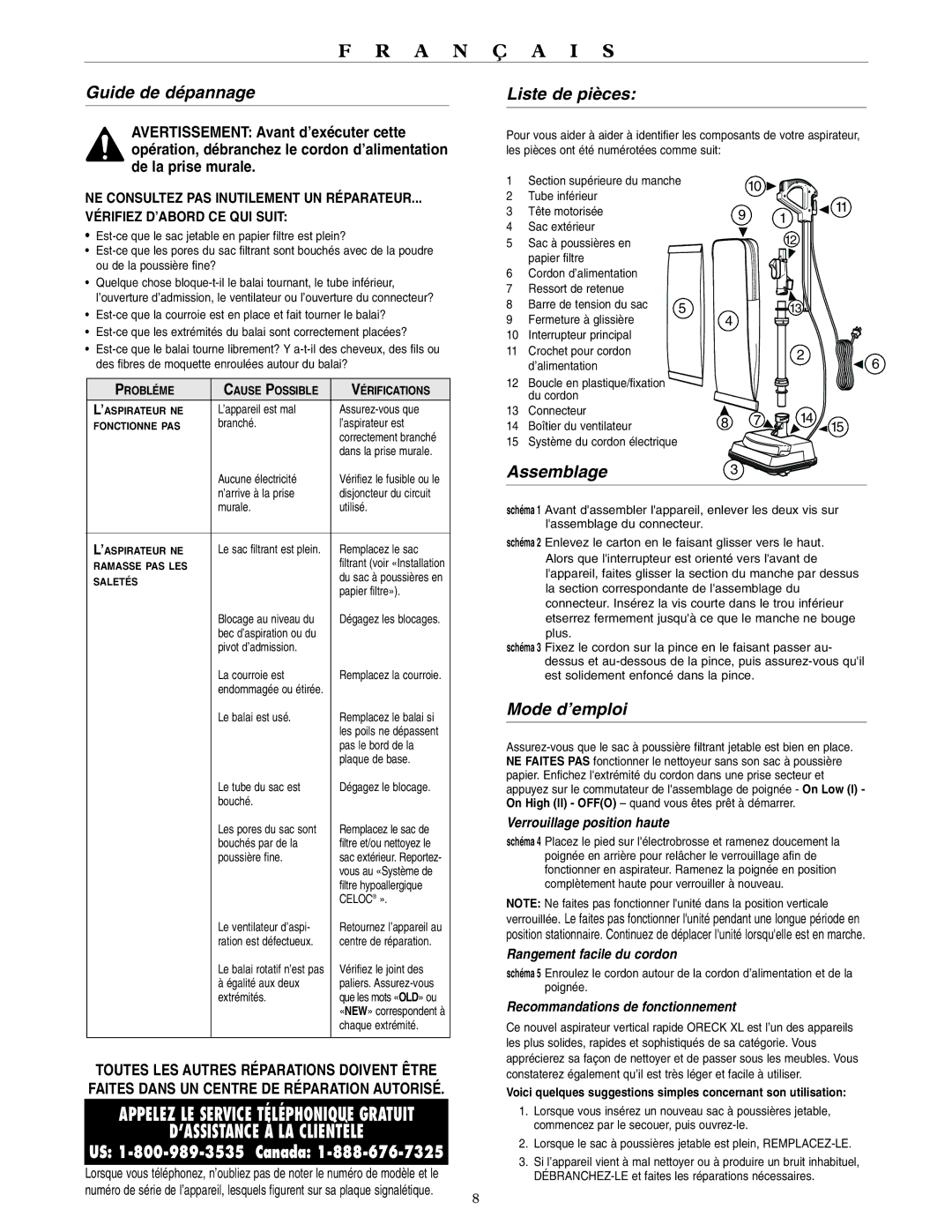 Oreck U4080H2 warranty Guide de dépannage, Liste de pièces, Assemblage, Mode d’emploi 