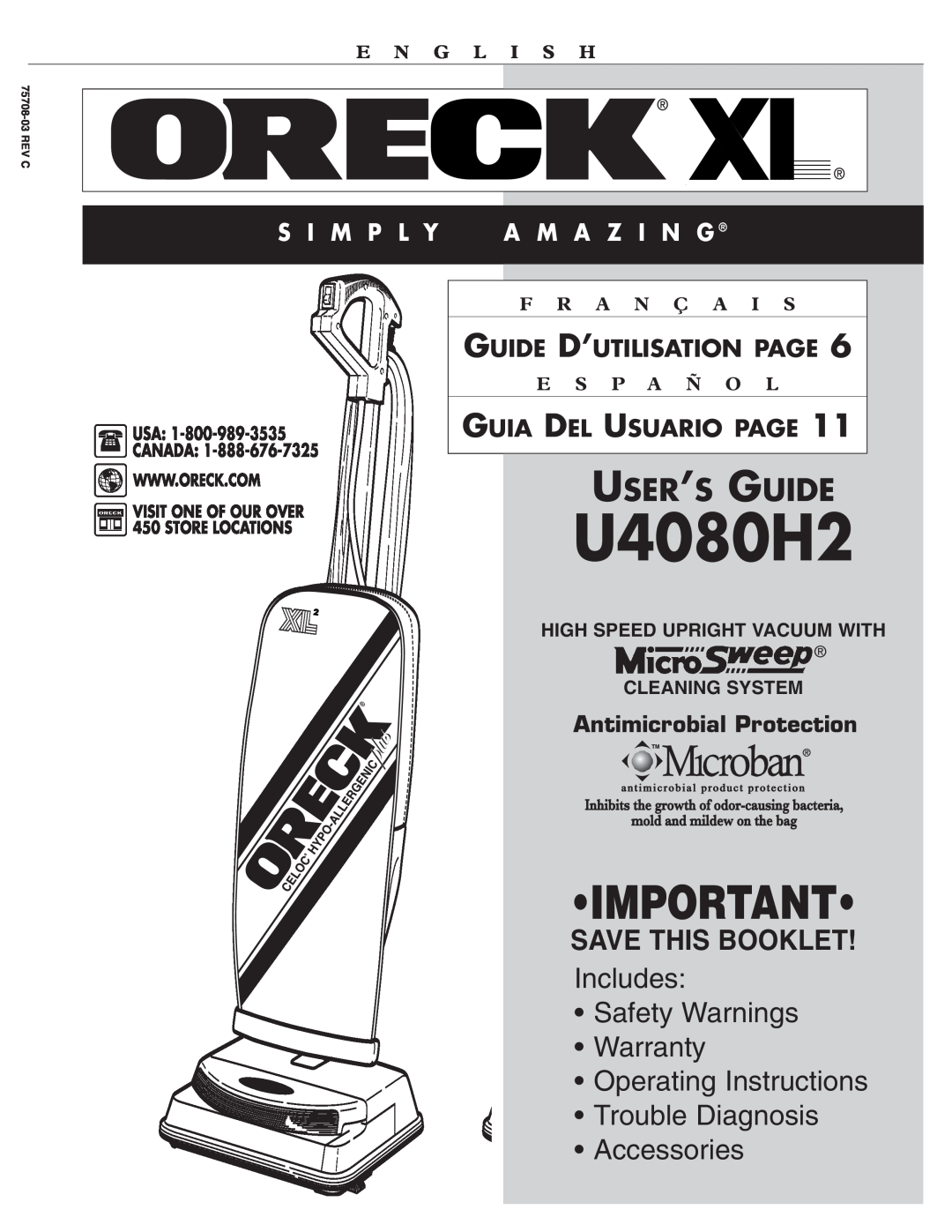 Oreck U4080H2 warranty Guide D’Utilisation Page, Guia Del Usuario Page, E N G L I S H, F R A N Ç A, E S P A Ñ O 