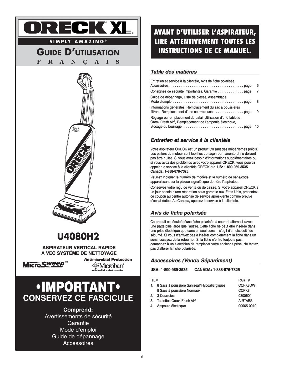 Oreck U4080H2 Guide D’Utilisation, F R A N Ç A I S, Comprend, Avertissements de sécurité Garantie Mode d’emploi, Canada 