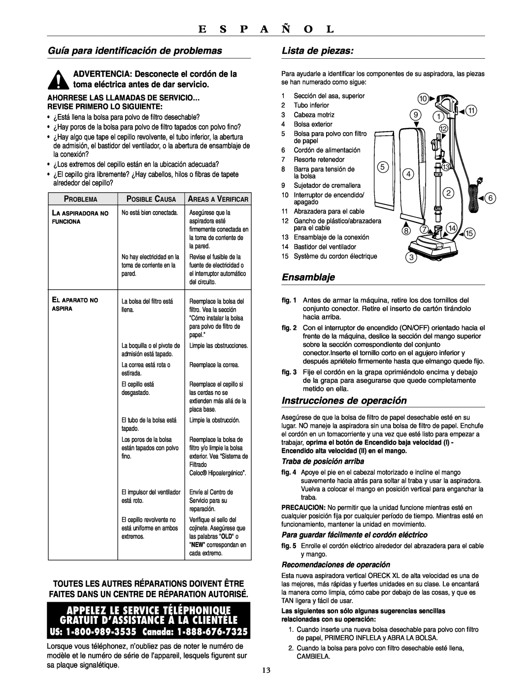 Oreck U4080H2 warranty Guía para identificación de problemas, Lista de piezas, Ensamblaje, Instrucciones de operación 