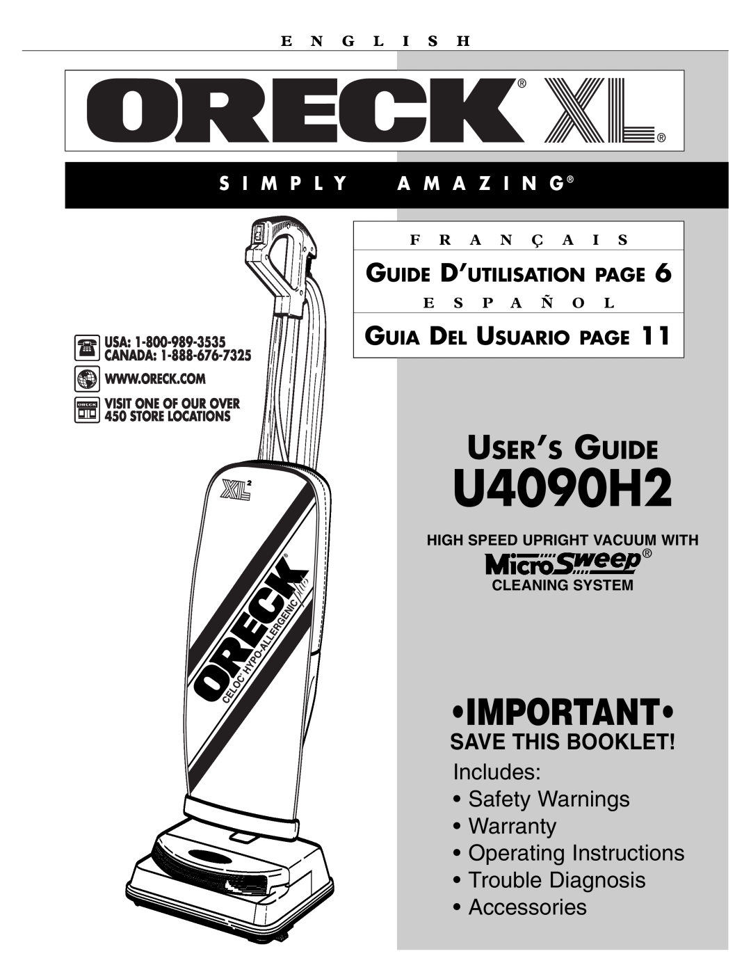Oreck U4090H2 warranty Guide D’Utilisation Page, Guia Del Usuario Page, E N G L I S H, F R A N Ç A, E S P A Ñ O 