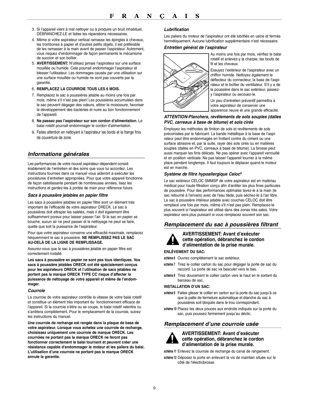 Oreck U4120H2 warranty Informations générales, Remplacement du sac à poussières filtrant, Remplacement d’une courroie usée 