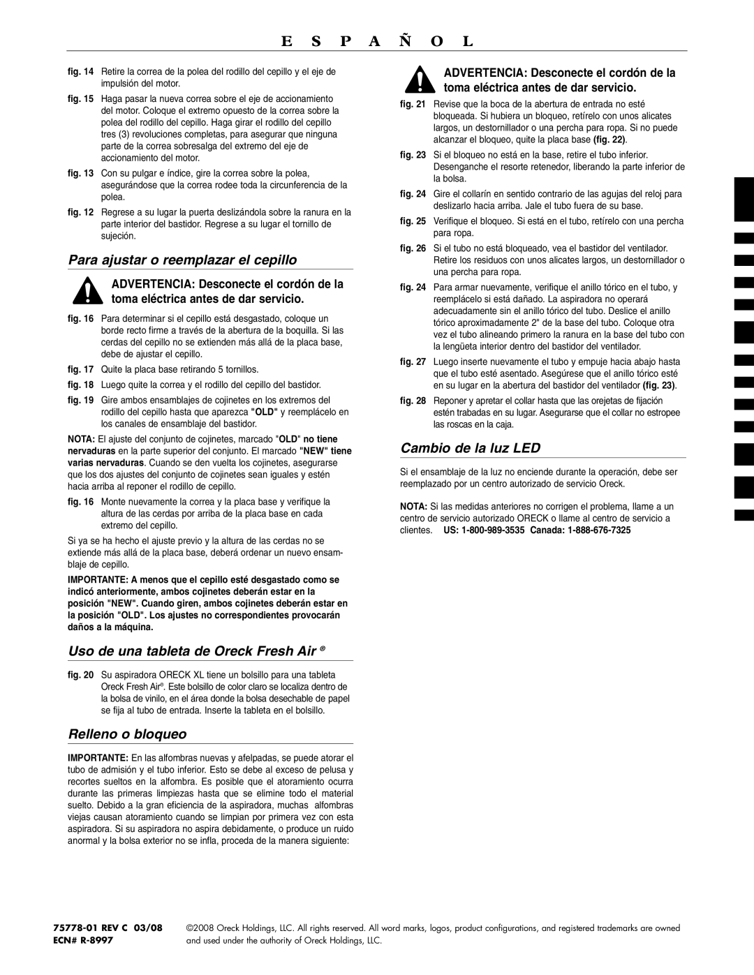 Oreck U4120H2 warranty Para ajustar o reemplazar el cepillo, Uso de una tableta de Oreck Fresh Air, Relleno o bloqueo 