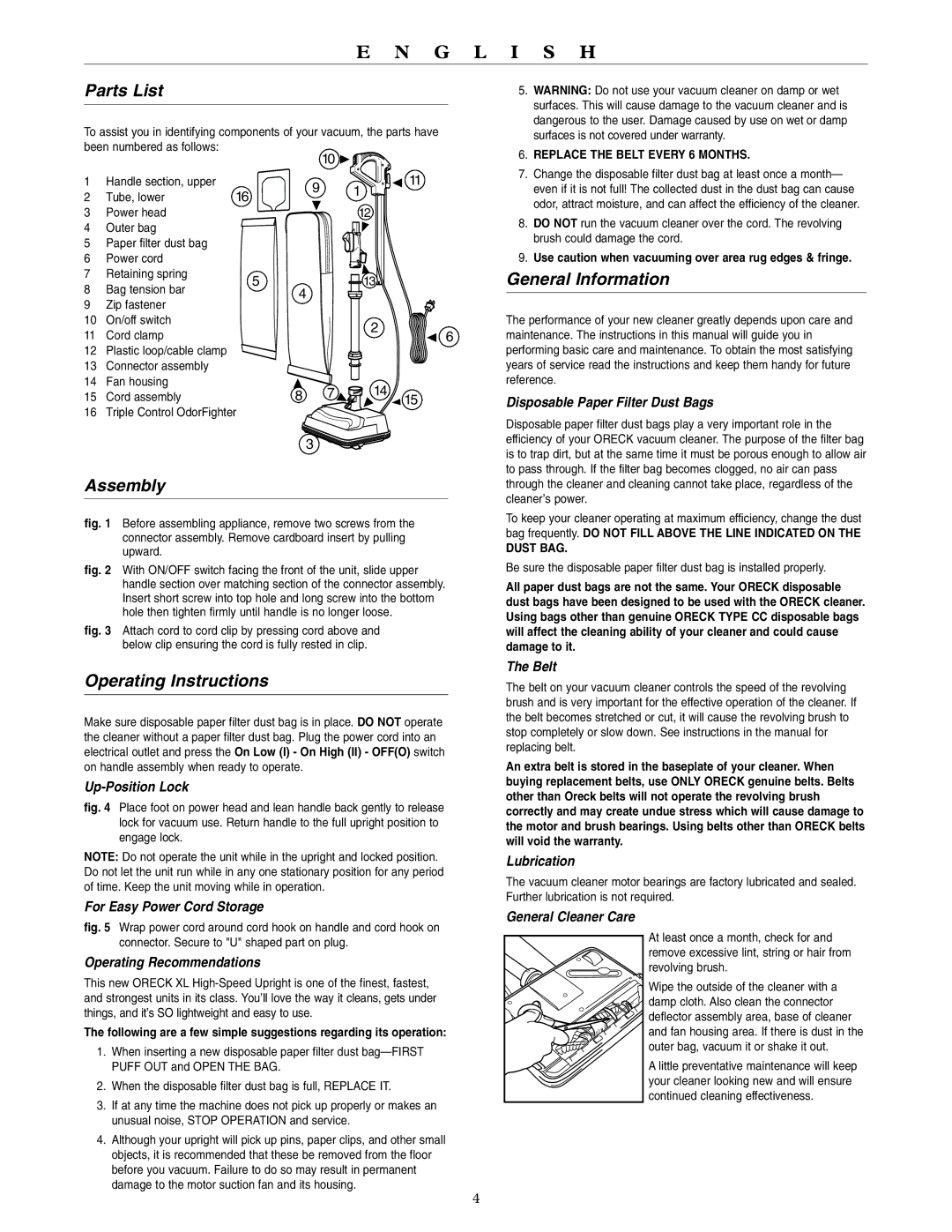 Oreck U4120H2 warranty Parts List, Assembly, Operating Instructions, General Information 