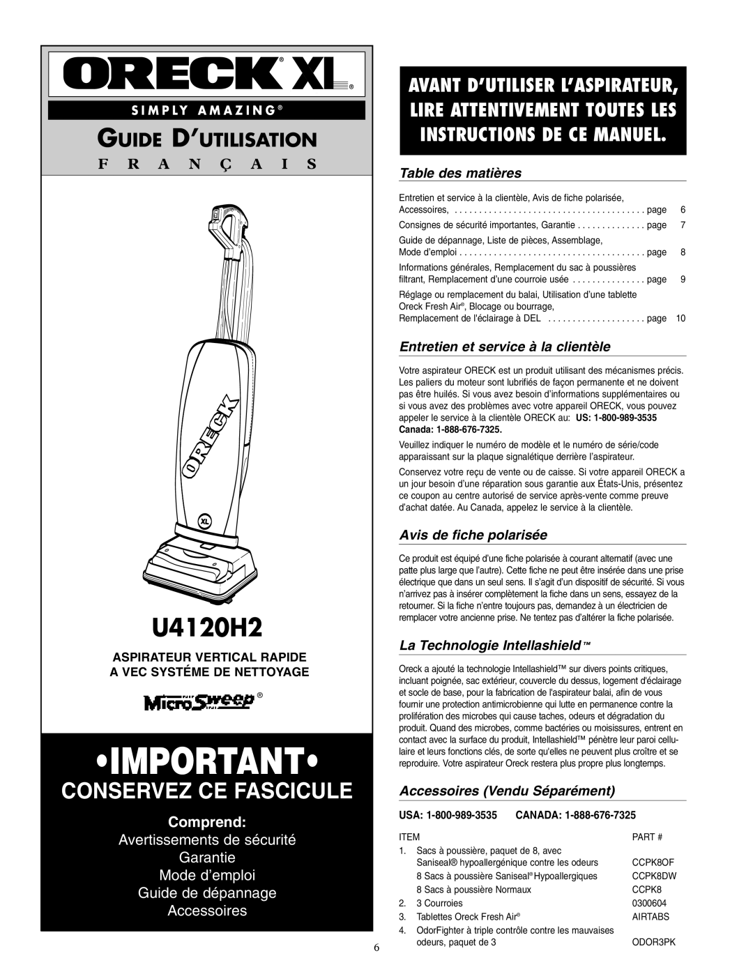 Oreck U4120H2 warranty Table des matières, Entretien et service à la clientèle, Avis de fiche polarisée 