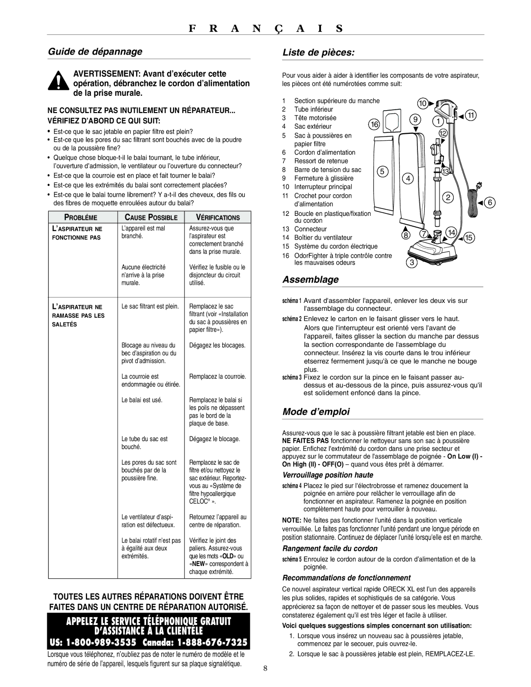 Oreck U4120H2 warranty Guide de dépannage Liste de pièces, Assemblage, Mode d’emploi 