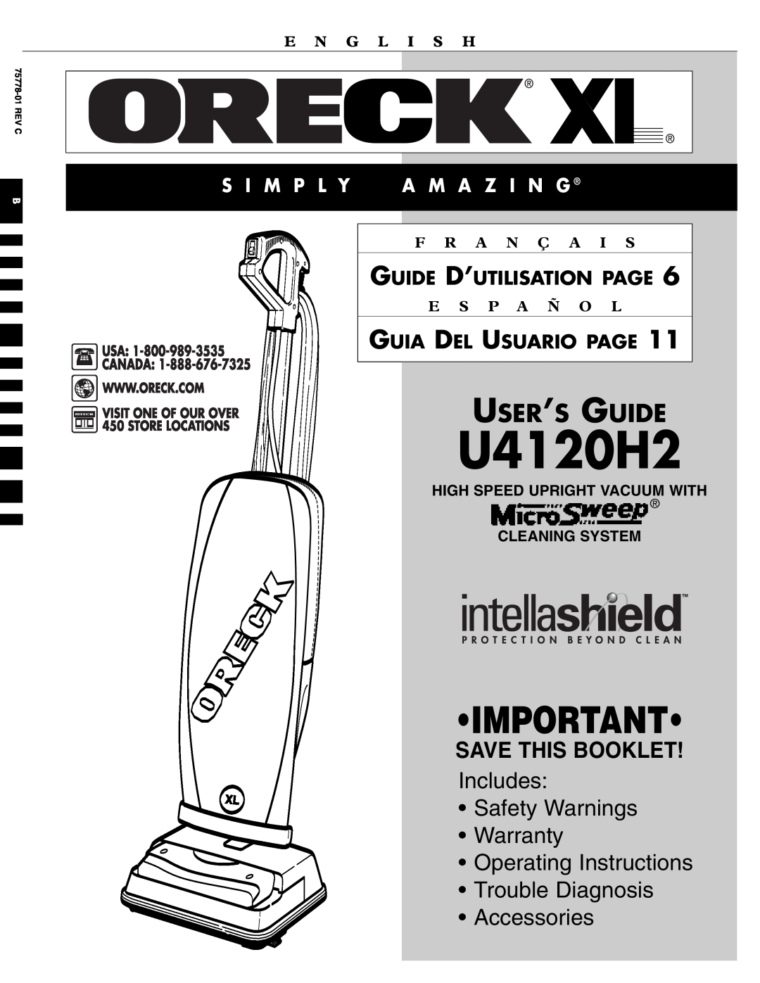 Oreck U4120H2 warranty Guide D’Utilisation Page, Guia Del Usuario Page, E N G L I S H, F R A N Ç A, E S P A Ñ O 