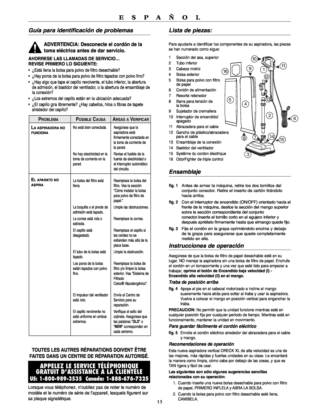 Oreck U4120H2 warranty Guía para identificación de problemas, Lista de piezas, E S P A Ñ O L, Ensamblaje 