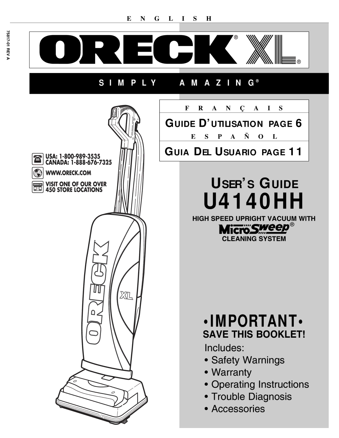 Oreck U4140HH warranty 