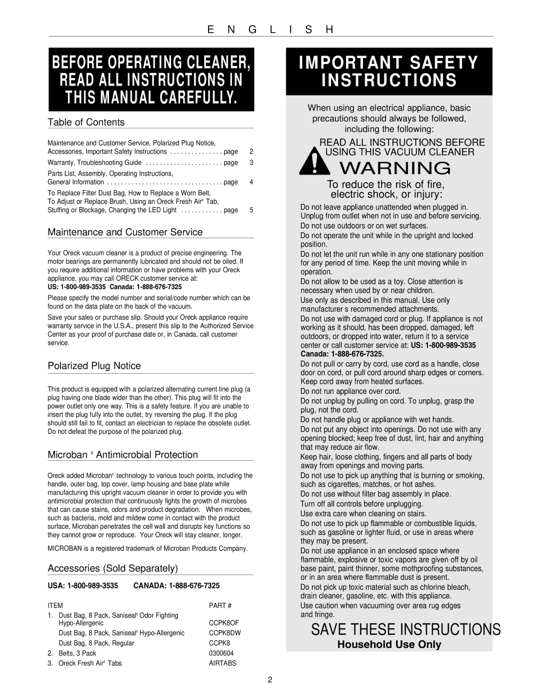 Oreck U4140HH Table of Contents, Maintenance and Customer Service, Polarized Plug Notice, Accessories Sold Separately 