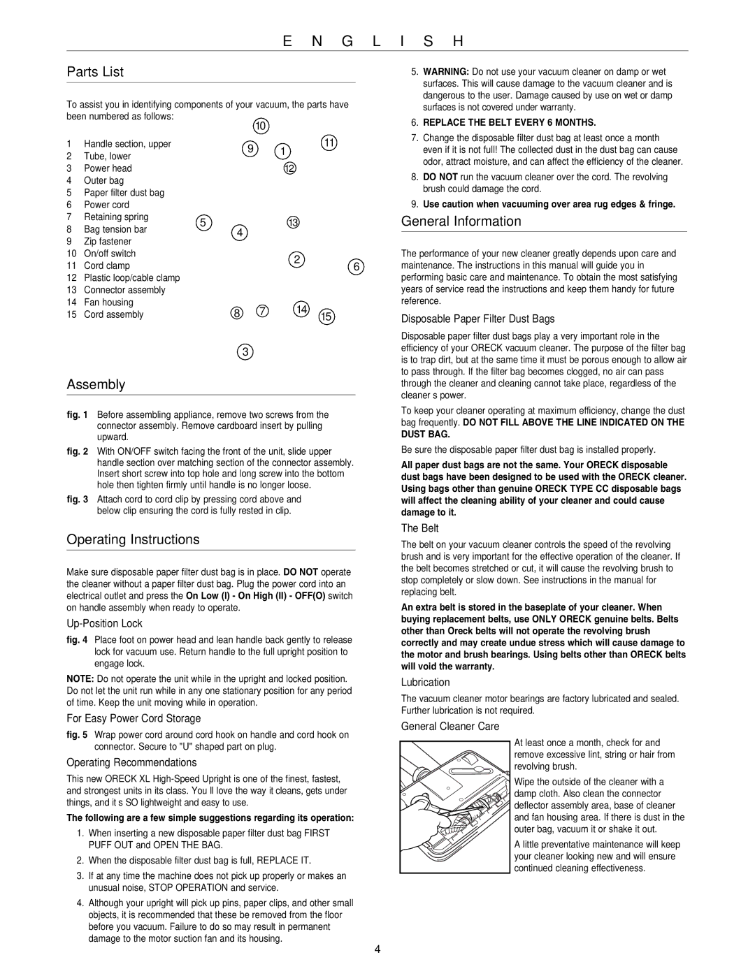 Oreck U4140HH warranty Parts List, Assembly, Operating Instructions, General Information 