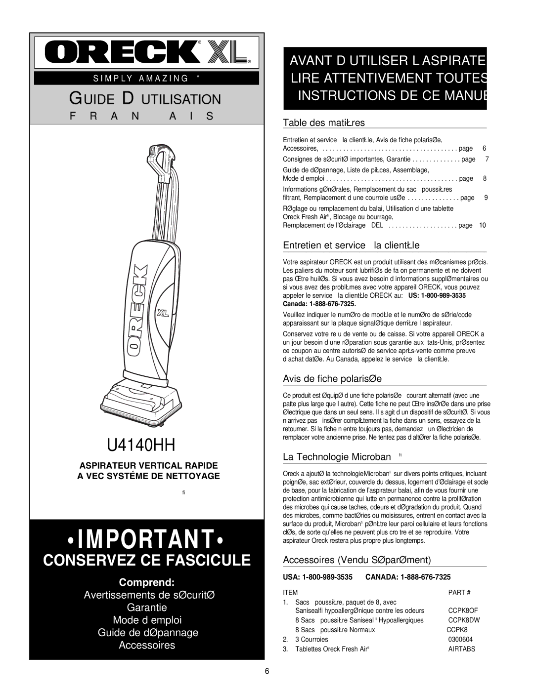 Oreck U4140HH Table des matières, Entretien et service à la clientèle, Avis de fiche polarisée, La Technologie Microban 