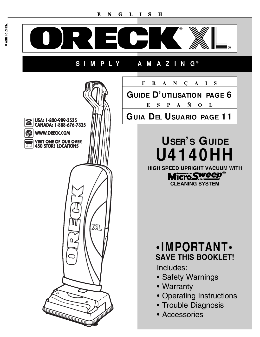 Oreck U4140HH warranty Guide D’Utilisation Page, Guia Del Usuario Page, E N G L I S H, F R A N Ç A, E S P A Ñ O 