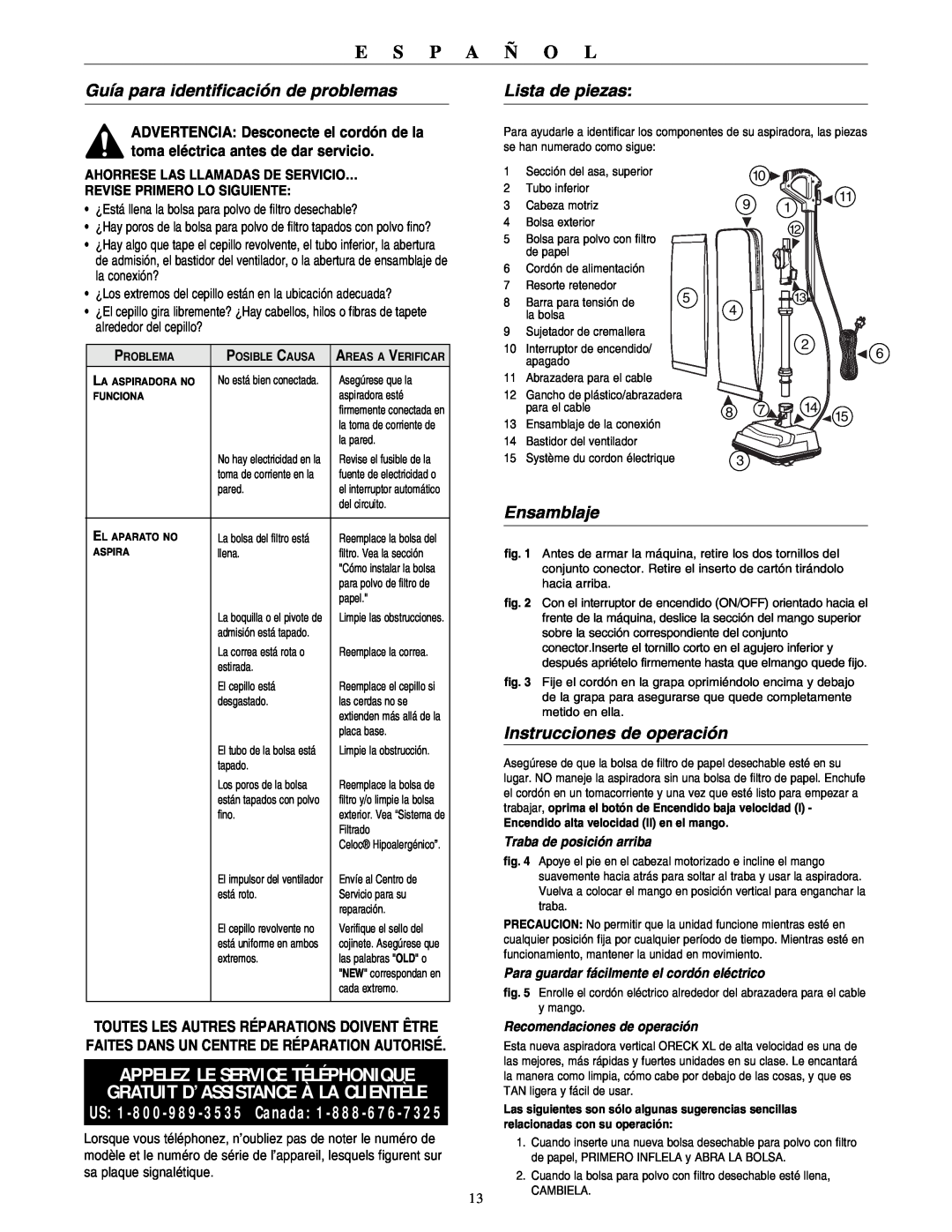 Oreck U4140HH warranty Guía para identificación de problemas, Lista de piezas, Ensamblaje, Instrucciones de operación 