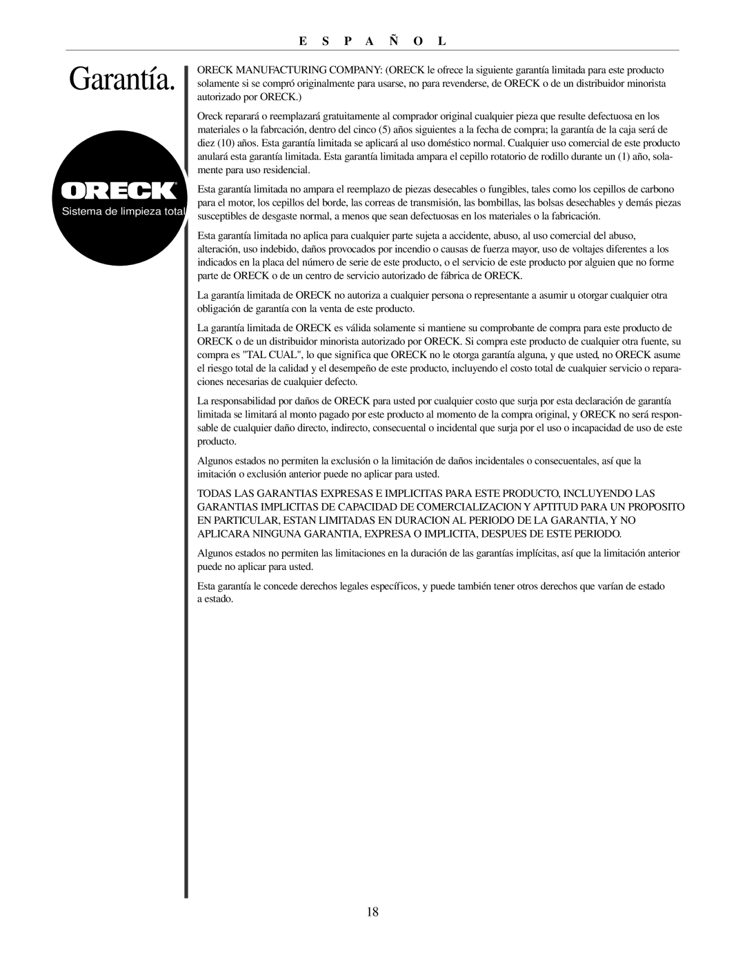 Oreck U4151 manual Garantía 