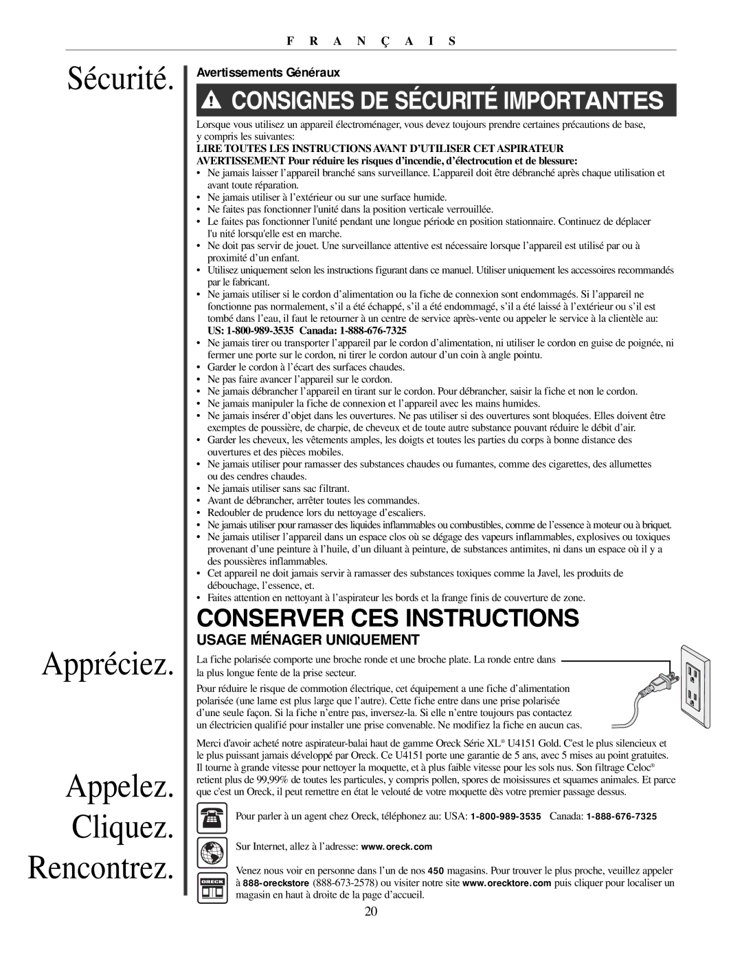 Oreck U4151 manual Sécurité Appréciez Appelez Cliquez Rencontrez, Avertissements Généraux 