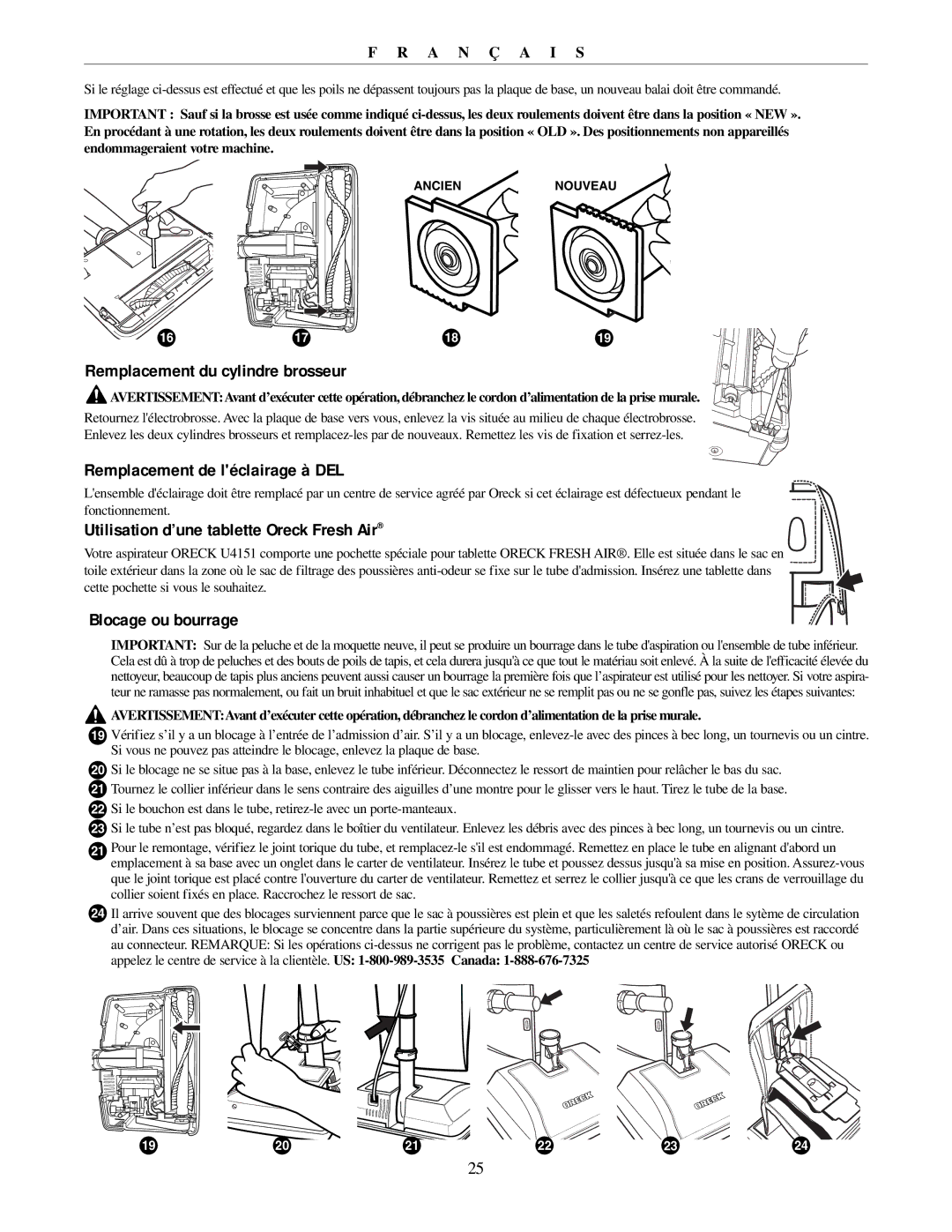 Oreck U4151 manual Remplacement du cylindre brosseur, Remplacement de léclairage à DEL, Blocage ou bourrage 