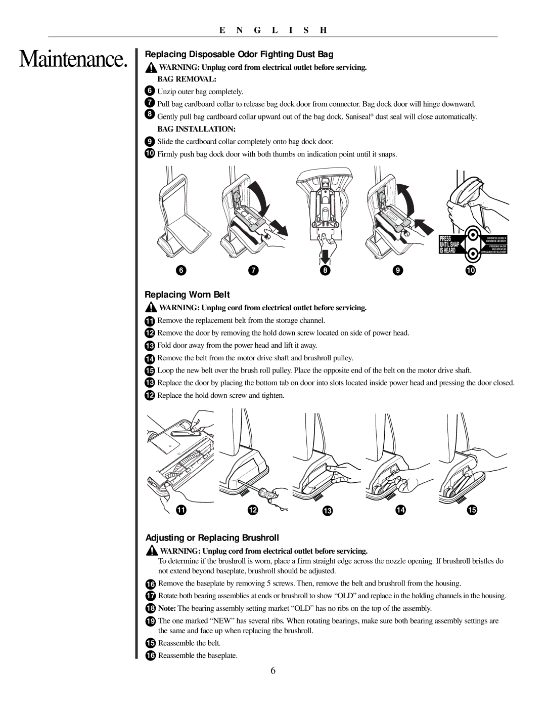 Oreck U4151 manual Replacing Disposable Odor Fighting Dust Bag, Replacing Worn Belt, Adjusting or Replacing Brushroll 