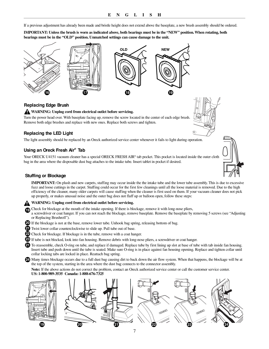 Oreck U4151 manual Replacing Edge Brush, Replacing the LED Light, Using an Oreck Fresh Air Tab, Stuffing or Blockage 