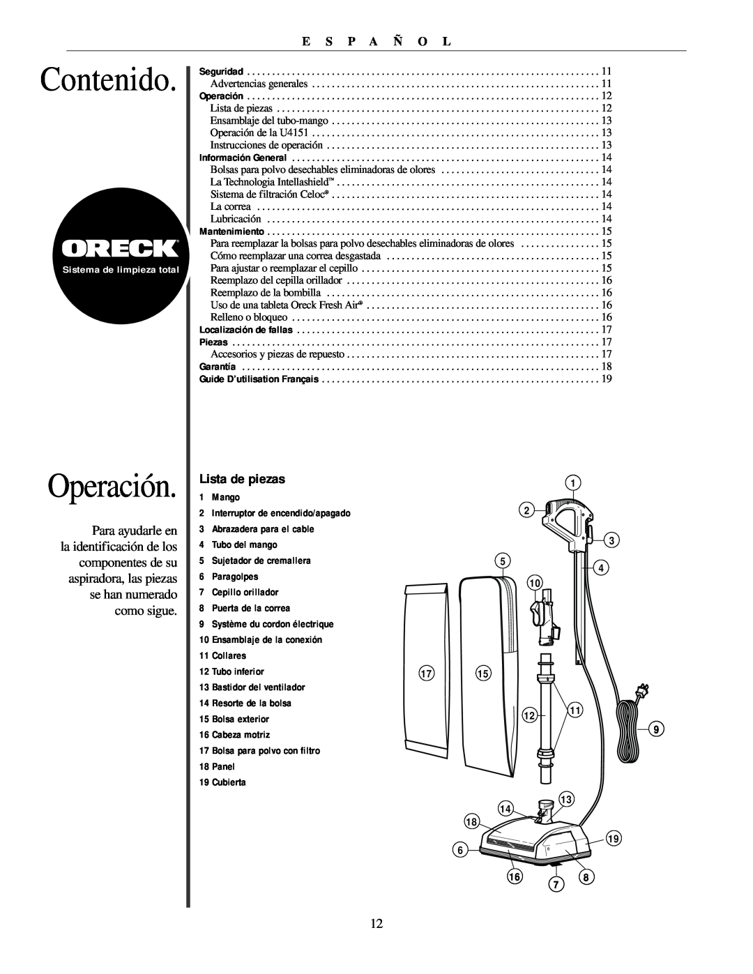 Oreck U4151 manual Contenido, Operación, Lista de piezas, E S P A Ñ O L 