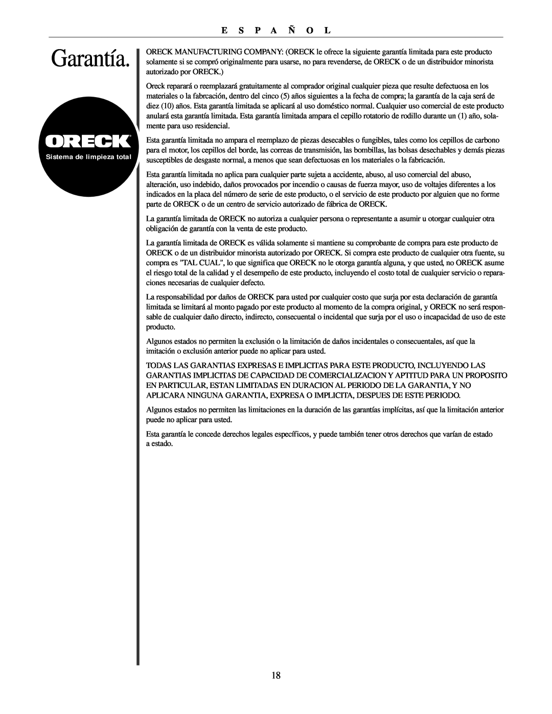 Oreck U4151 manual Garantía, E S P A Ñ O L 